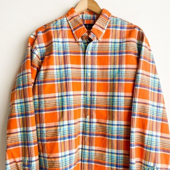 Vintage Ralph Lauren Bright Ornage Blue Plaid Button Down Casual Cotton Shirt XL - Picture 2 of 5